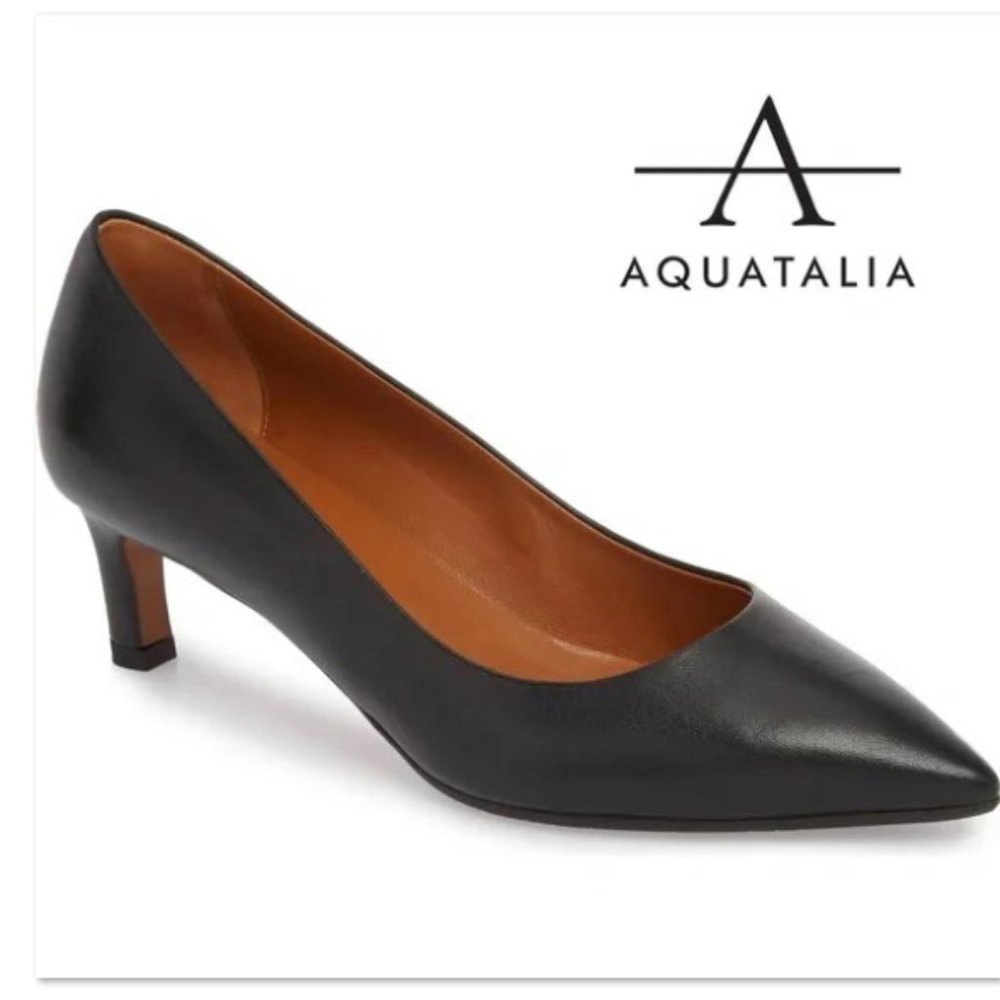 Aquatalia Marion Calf Black Leather Pointed Toe Low Heel Pumps Dress Shoes 7.5